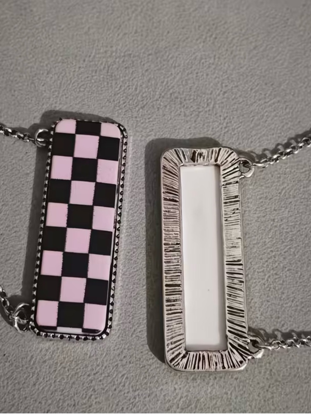 Checkerboard Rectangle Bar Pendant Necklace Silver Black Pink 17.7in Adjustable
